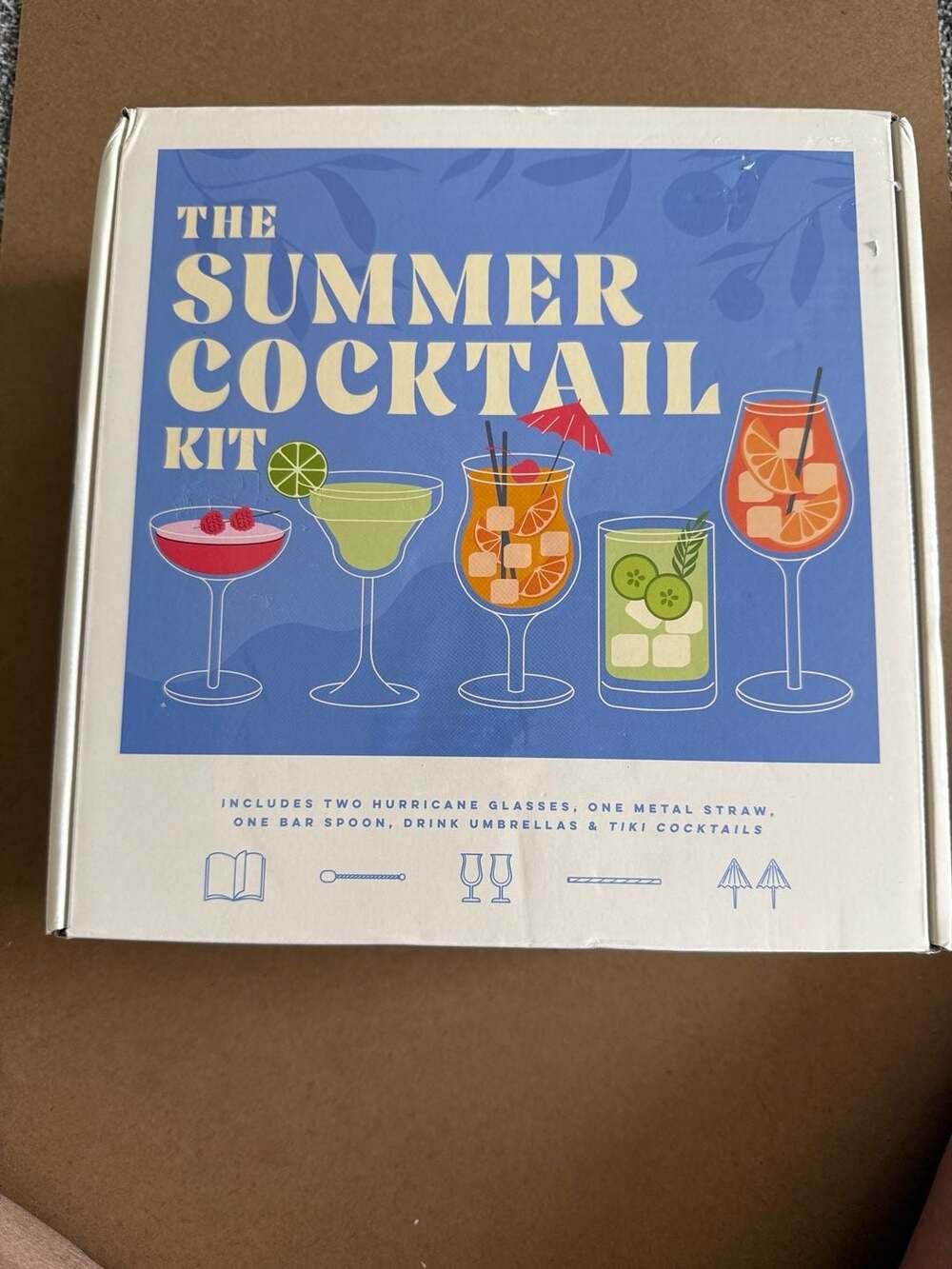 The Summer Cocktail Kit with Hurricane Glasses Bar Spoon Metal Straw and Umbrell